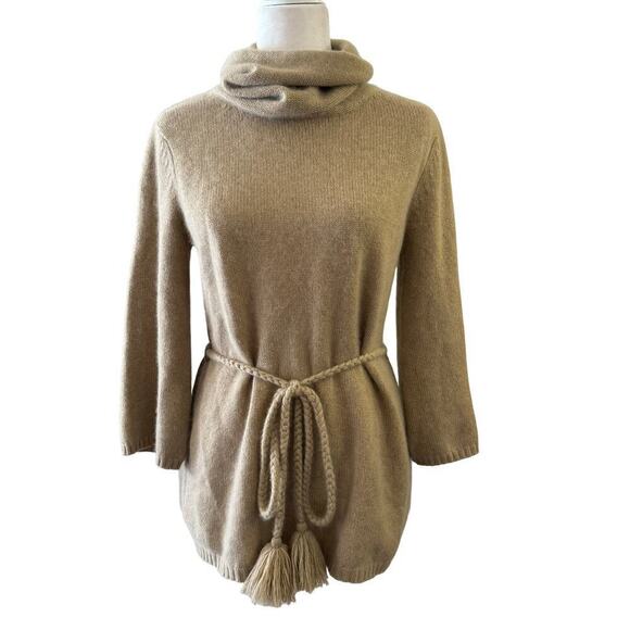Chico’s 100% Cashmere Turtle Neck Sweater Tie Tassel Tan Size Small - Picture 1 of 6